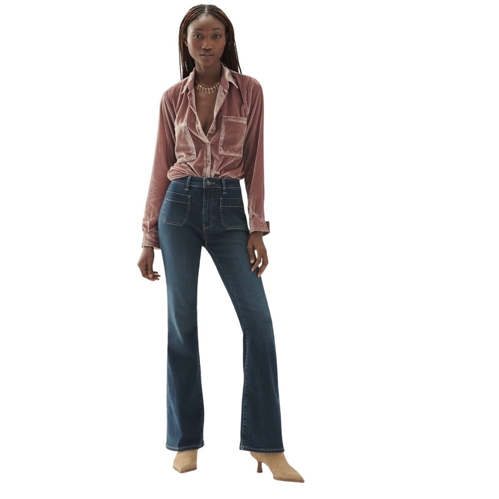 Anthropologie Pilcro Flare Leg Jeans Size 32 Highโ Waist Pockets Dark Wash Denim